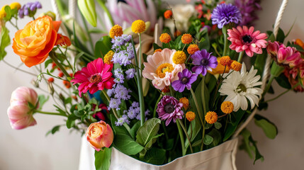 Fresh mixed flowers in a bag on white, perfect for springtime or gardening concepts.