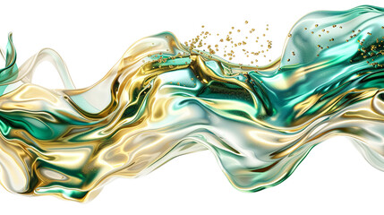 Dynamic waves of iridescent green and gold merging and diverging in a captivating display of fluid motion, isolated on solid white background.