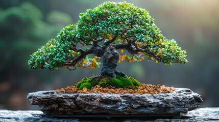Artful display of a bonsai tree meticulously cultivated in a decorative pot, embodying the essence of patience and mindfulness.  - obrazy, fototapety, plakaty