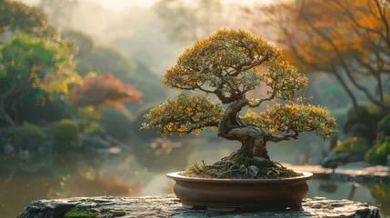 Afwasbaar fotobehang Artful display of a bonsai tree meticulously cultivated in a decorative pot, embodying the essence of patience and mindfulness.  © Алексей Василюк