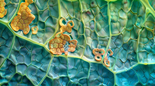 Detailed view of plant cells under a microscope showing chloroplasts and cell walls.
