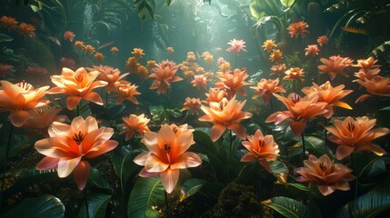 Fototapeta na wymiar Strelitzia flowers add a burst of color to a lush, green landscape, evoking the beauty of paradise. 