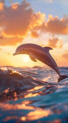 Playful dolphin leaping from the ocean splashing around with a vibrant sunset backdrop