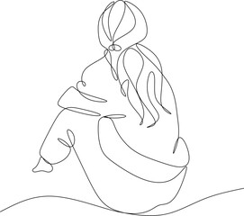 Linear drawing of a sitting girl, rear view. Abstract feminine print. Modern design for beauty logos, template emblems, cards, prints.