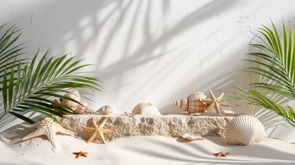 Empty stone platform podium with palm leaves sea shells and starfish on white beach sand background. Minimal creative composition background for cosmetics or products presentation. Front view copy spa - Powered by Adobe