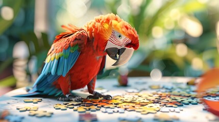 Playful parrot assembling a jigsaw puzzle colorful and concentrated on a white table - obrazy, fototapety, plakaty