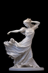 Classic white marble statue of a dancing woman in a flowing dress.