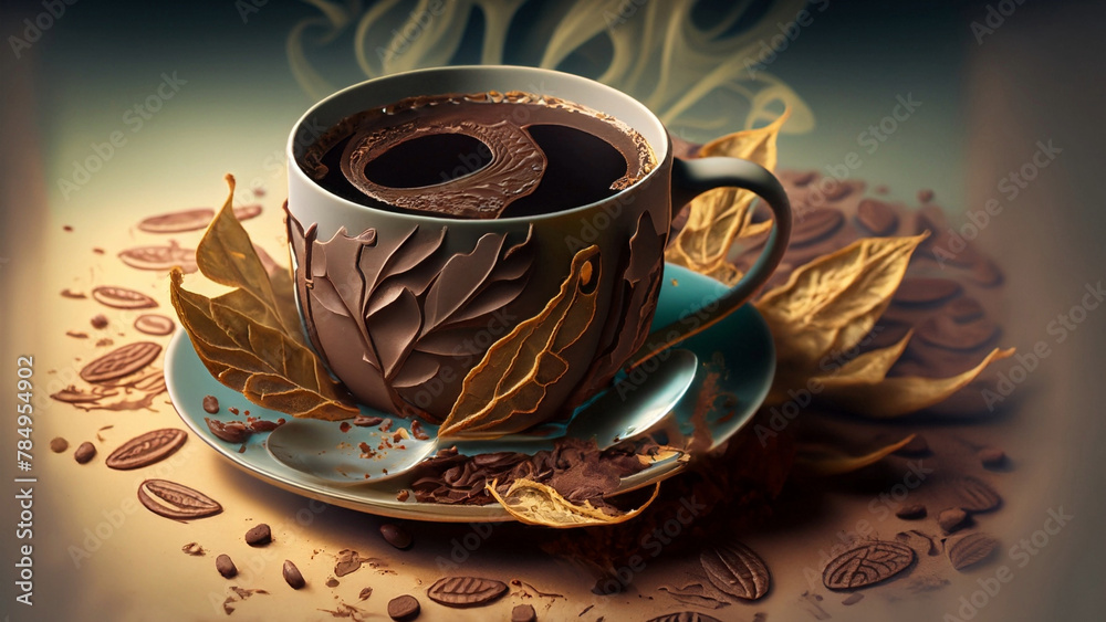 Wall mural coffee cup decorated with chocolate leaves, served with hot coffee smoke and leaf-shaped coffee bean