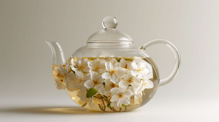 Glass teapot with blooming white jasmine tea on neutral backdrop.