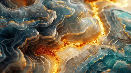 Abstract view of layered agate stone, showcasing mesmerizing patterns with blue and gold hues. - obrazy, fototapety, plakaty