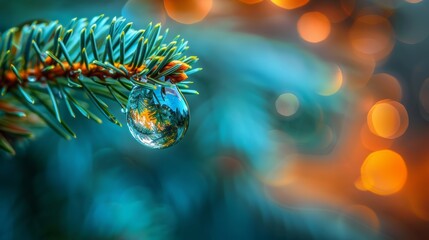 Water droplet on a pine needle with reflected light, creating a bokeh effect in the background. - obrazy, fototapety, plakaty