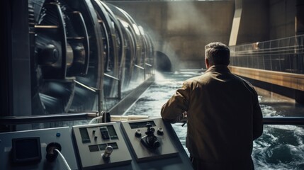 Fototapeta premium engineer monitoring data from a hydroelectric power plant, standing against a backdrop of rushing water and turbines