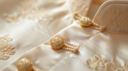 Fototapeta na wymiar Silk shirt with golden buttons close up texture