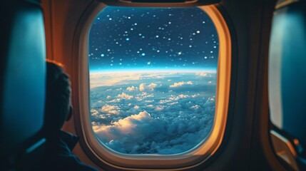 Fototapeta premium Space explorers share stories Earth seen through a spacecrafts window unity in the cosmos