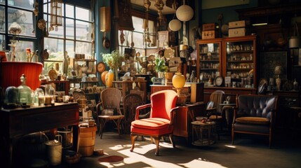 A charming antique shop with vintage furniture, retro decor, and unique finds waiting to be...