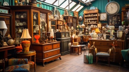 A charming antique shop with vintage furniture, retro decor, and unique finds waiting to be discovered by collectors and nostalgia-seekers