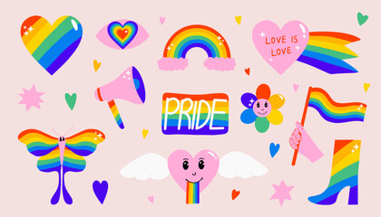 LGBTQ+ Pride month vector illustration stickers set in cartoon groovy funky style, LGBT, Pride Flag, rainbow, heart, love is love, flower, butterfly elements collection for design banners posters