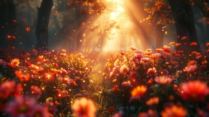 Early morning sunlight illuminates the meadow, casting a warm glow upon the colorful fall flowers that adorn the vintage landscape, creating a scene of enchanting beauty.