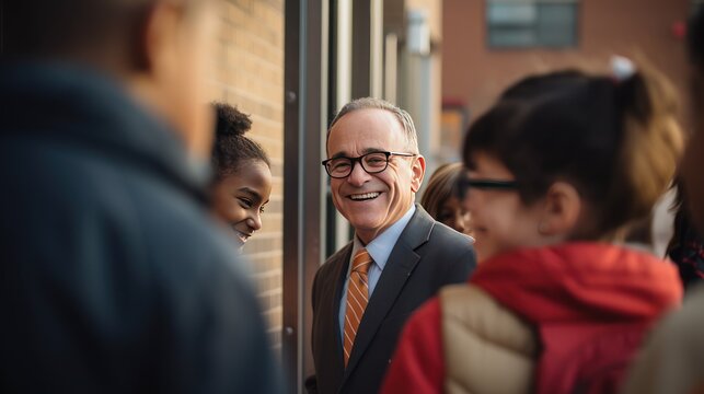 A friendly school principal greeting students with a warm smile as they enter the school gates. 