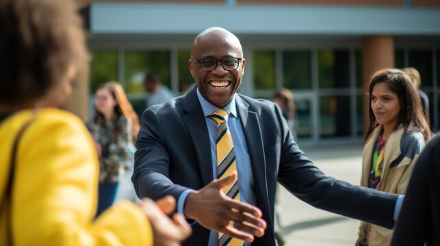 A friendly school principal greeting students with a warm smile as they enter the school gates. 
