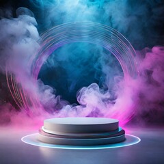 Fototapeta na wymiar magic crystal ball,an empty podium surrounded by swirling dark smoke, neon light pink blue background