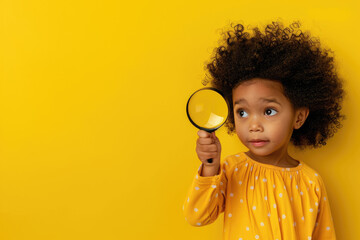 A child holding up magnifying glass against yellow background, symbolizing curiosity and exploration - obrazy, fototapety, plakaty