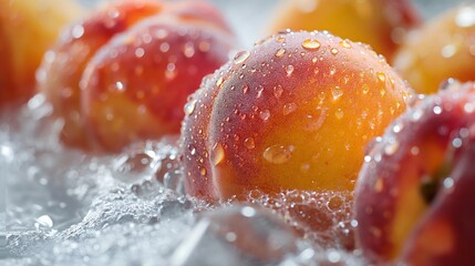  Close-up of water droplets on fresh peaches with a blurred background.