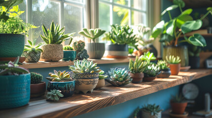 Fototapeta na wymiar Assorted succulents on a sunny window sill in various pots.