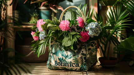 Fototapeta na wymiar A vibrant floral arrangement in a tropical print 'Botanica' tote bag.
