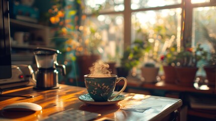 Steaming cup of coffee on a table with morning sunlight streaming through plants. - obrazy, fototapety, plakaty