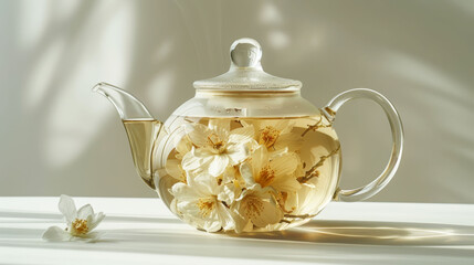 Glass teapot with blooming jasmine tea flowers on a sunny backdrop.