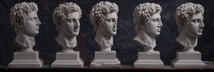 Classical ancient marble gypsum stoic, roman, greek bust, busts head sculpture against a colored background representing historical figures  - obrazy, fototapety, plakaty