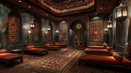 Traditional Middle Eastern Lounge Interior with Ornate Decor - obrazy, fototapety, plakaty