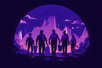 Lofi Illustration of people workers happy, team building, dark purple style, refined