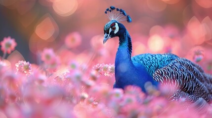 Peafowl Flock Wandering Through a Flowering Meadow, Adding a Splash of Color to the Serene Countryside Scene