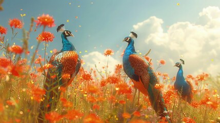 Peafowl Flock Wandering Through a Flowering Meadow, Adding a Splash of Color to the Serene Countryside Scene