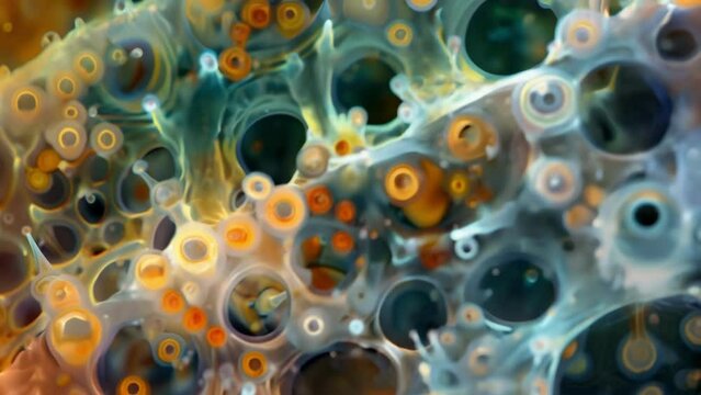 A contrastenhanced image of a Euglenoid colony revealing the presence of a variety of organisms and microorganisms living in symbiosis . AI generation.