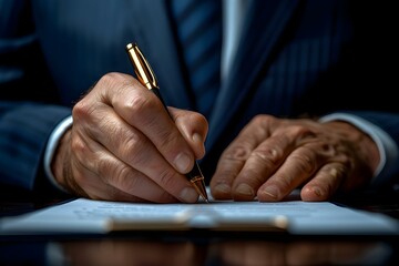 Executive Sealing the Deal: Focused Contract Signing. Concept Business Deals, Contract Signings, Office Success, Deal Closings, Executives - obrazy, fototapety, plakaty