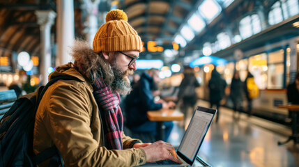 Man with winter hat using laptop at busy train station.