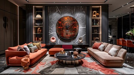 Luxurious Modern Living Room Interior with Large Wall Clock and Designer Furniture - obrazy, fototapety, plakaty