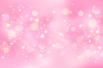 Pink lovely background with hearts bokeh and glitter. Pastel vector fantasy gradient for Valentine Day. Romantic blurred sky with sparkles and stars