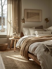 Cozy Bedroom Interior with Natural Light and Textured Decor