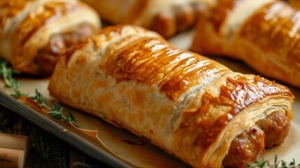 Newly made sausage rolls with puff pastry cooling on a tray