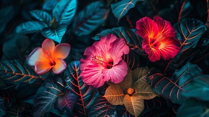 Obraz na płótnie Canvas Volumetric flowers under neon lights imagining a botanical garden at twilight in the future