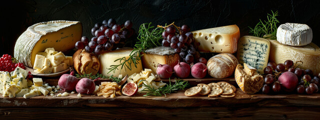 Assorted cheeses and fruits on a rustic wooden board, creating a gourmet spread.