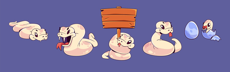 Naklejka premium Cute beige snake cartoon character. Comic vector set of funny 2025 New Year mascot. Serpent with tongue crawling on floor, surprised with open mouth, holding wooden banner, and little baby in egg.