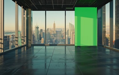Studio room with green screen on an upper floor with a city background - obrazy, fototapety, plakaty