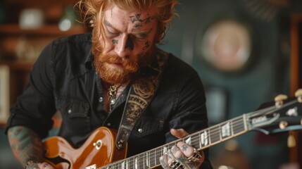 Emotional portrait of a rock guitar player with long red hair and beard plays on the black...