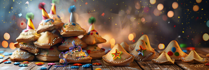 Purim Party Holiday Background Illustration, Celebration of Color Colorful Confetti and Bokeh on a Carnival Background - obrazy, fototapety, plakaty
