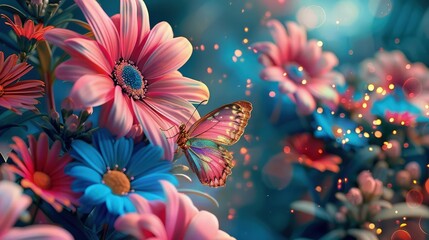 flowers on the background of the sun and colorful butterfly on it 